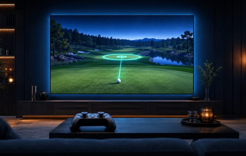 Original editorial illustration: television golf cues must remain legible across the room from the controller