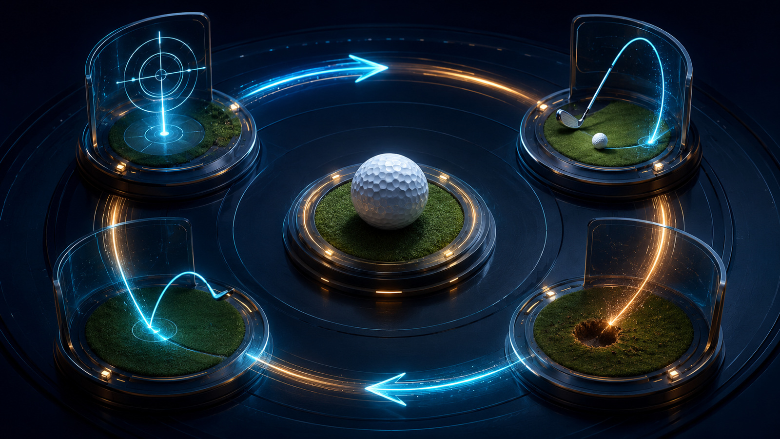 Original editorial illustration: choose, act, observe and adjust form a continuous golf-learning loop