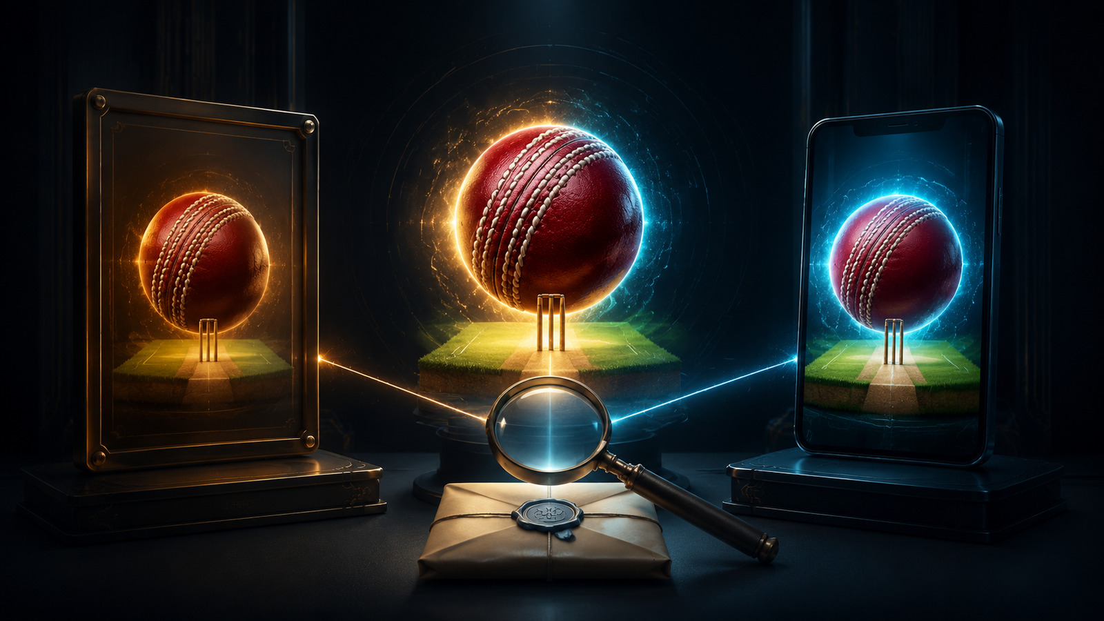 Original editorial illustration: one stable cricket identity connects legacy and current public presentation frames