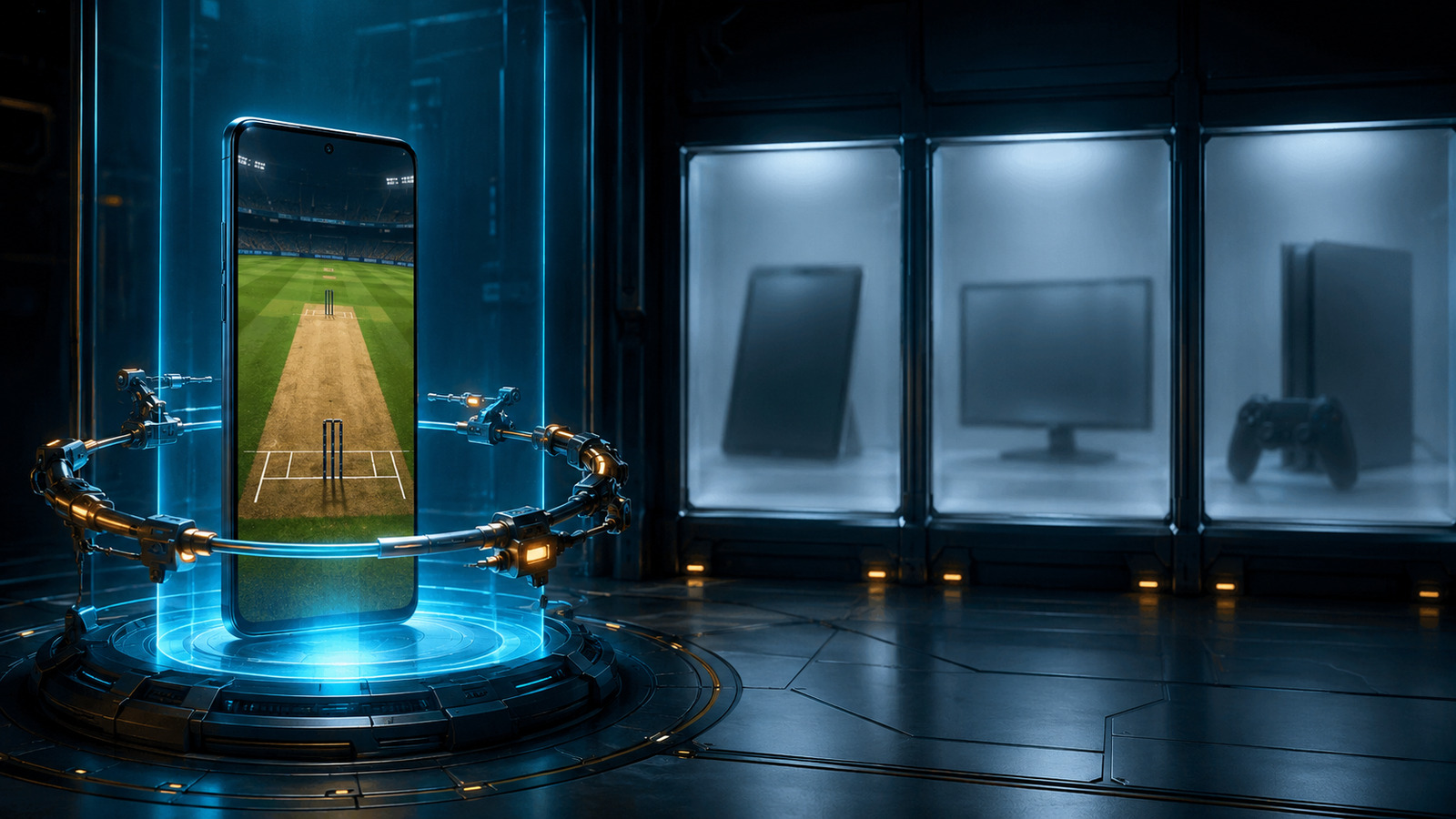 Original editorial illustration: one current mobile edition is visible while other device categories remain unconfirmed