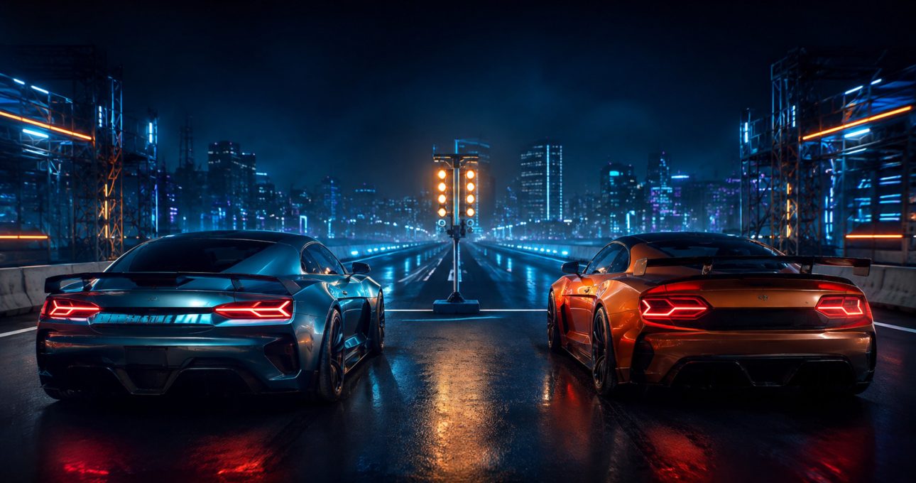 Original editorial illustration: unbranded street cars line up for a short, high-pressure drag-racing session