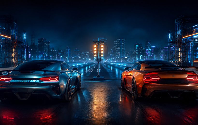 Original editorial illustration: unbranded street cars line up for a short, high-pressure drag-racing session