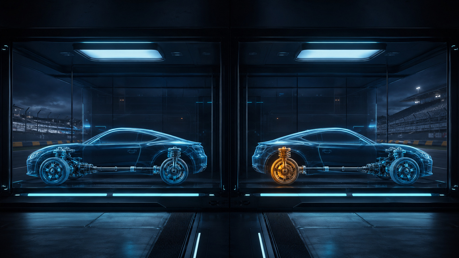 Original editorial illustration: one visible component changes while the car, track and remaining conditions stay stable