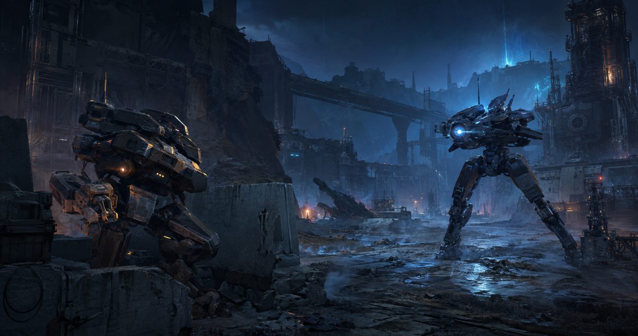 Original editorial illustration: two original mechs evaluate engagement, cover and threat response on a futuristic battlefield
