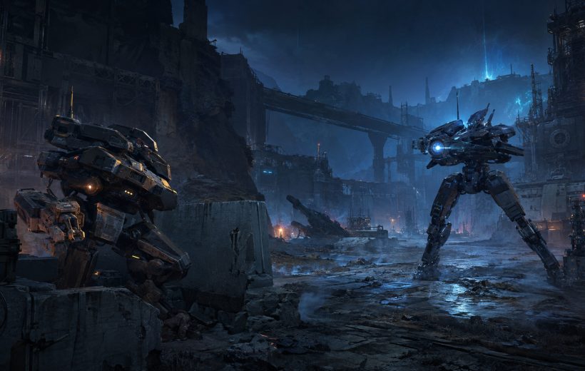 Original editorial illustration: two original mechs evaluate engagement, cover and threat response on a futuristic battlefield
