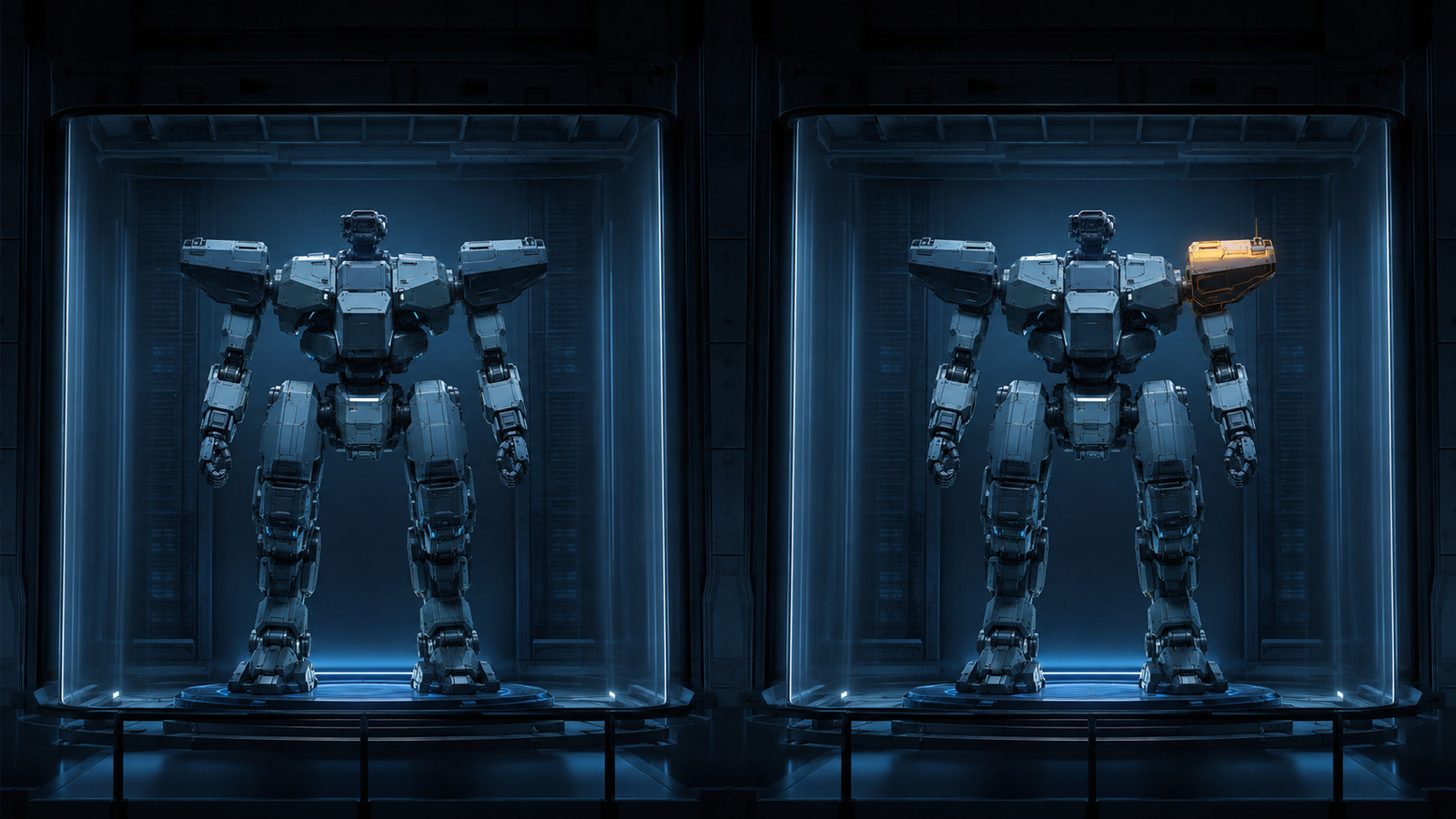 Original editorial illustration: one visible component changes while the mech and test conditions remain stable