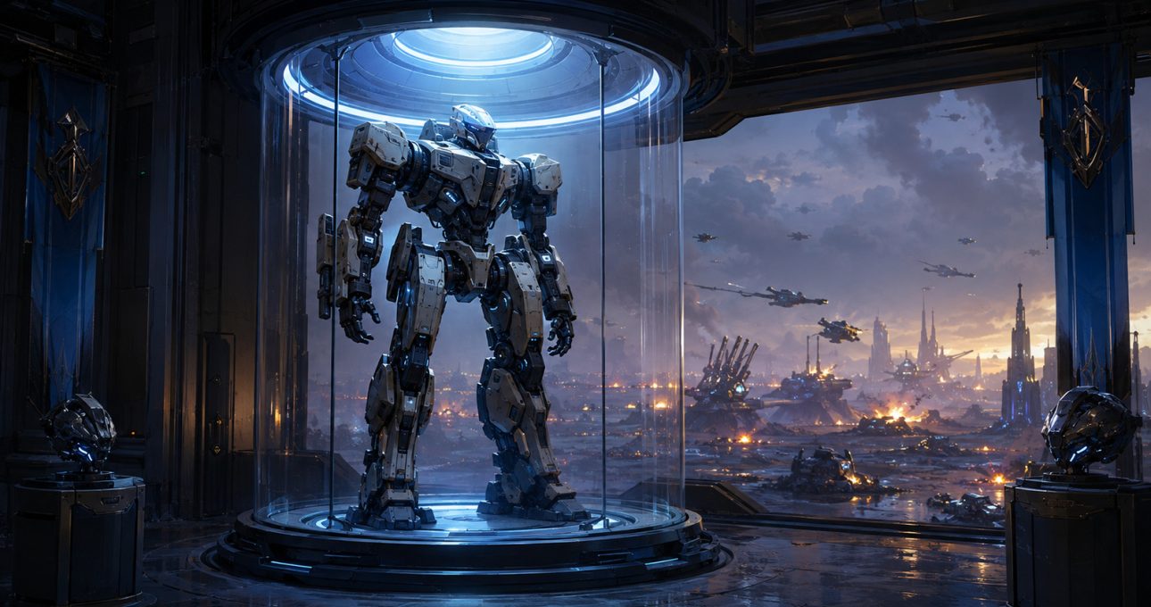 Original editorial illustration: a stable public mech identity stands before a broad tactical battlefield premise