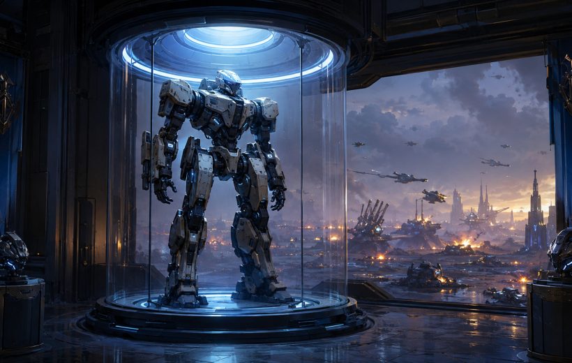 Original editorial illustration: a stable public mech identity stands before a broad tactical battlefield premise