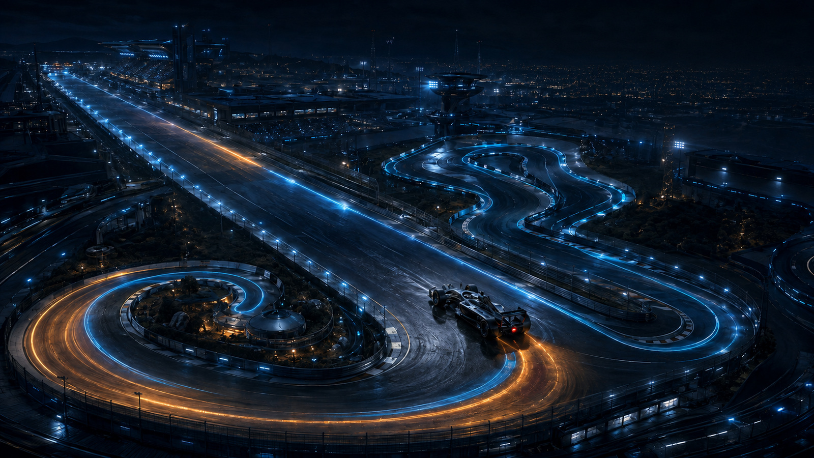 Original editorial illustration: one fictional circuit combines a fast straight, hairpin and technical chicane as different precision tests