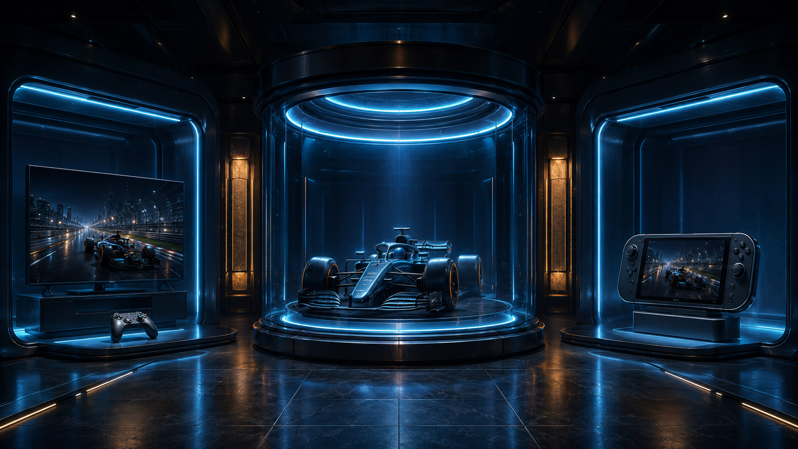 Original editorial illustration: separate screen and controller contexts frame the same broad racing identity without implying shared progress
