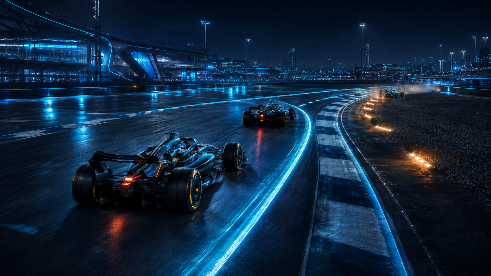 Original editorial illustration: a strong exit and clear space support a controlled overtake while another car recovers safely