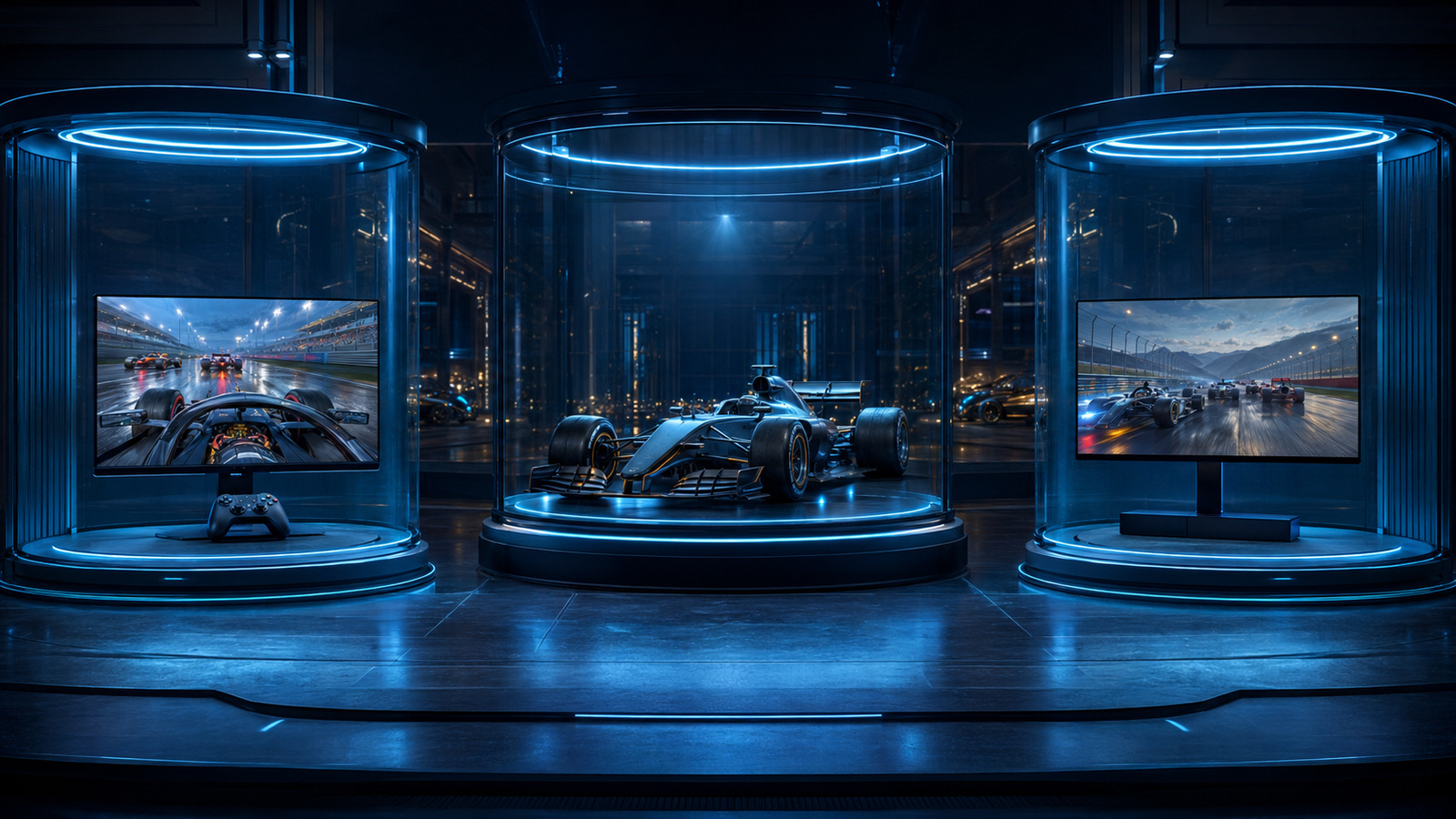 Original editorial illustration: each Formula Racing edition stays in its own device bay, with no assumed account or save transfer