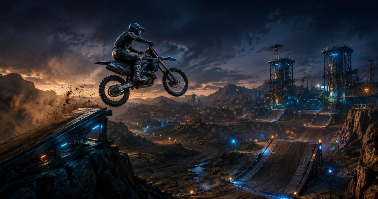 Original editorial illustration: approach, controlled airtime and a readable landing form the central dirt-bike stunt loop