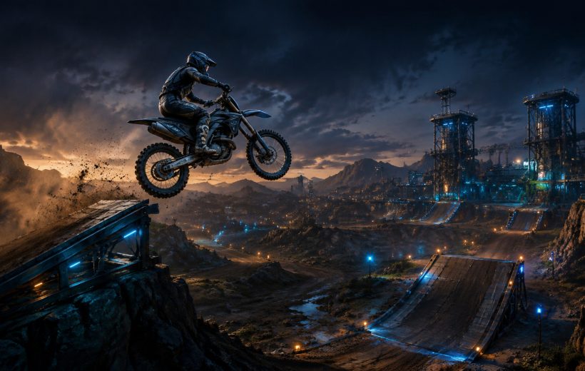 Original editorial illustration: approach, controlled airtime and a readable landing form the central dirt-bike stunt loop