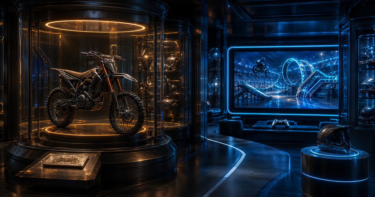 Original editorial illustration: one archived dirt-bike identity connects to a current television-focused stunt presentation