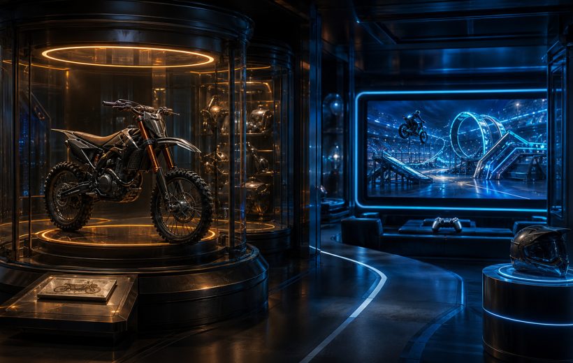 Original editorial illustration: one archived dirt-bike identity connects to a current television-focused stunt presentation