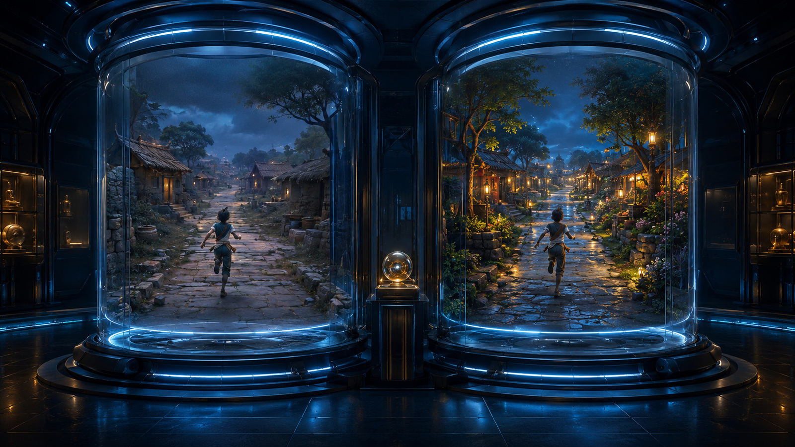Original editorial illustration: an earlier village route and an enhanced environment frame one documented public update