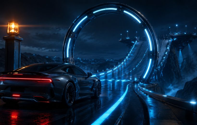 Original editorial illustration: a luminous checkpoint, centred ramp and visible landing turn stunt speed into a controlled time-trial objective