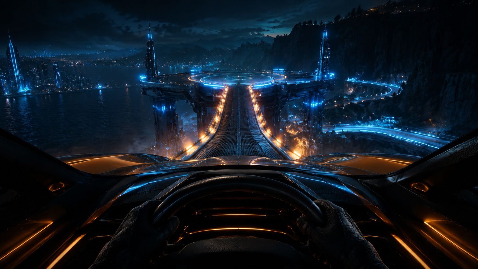 Original editorial illustration: the in-car view keeps the take-off centre and landing platform visible before boost is committed