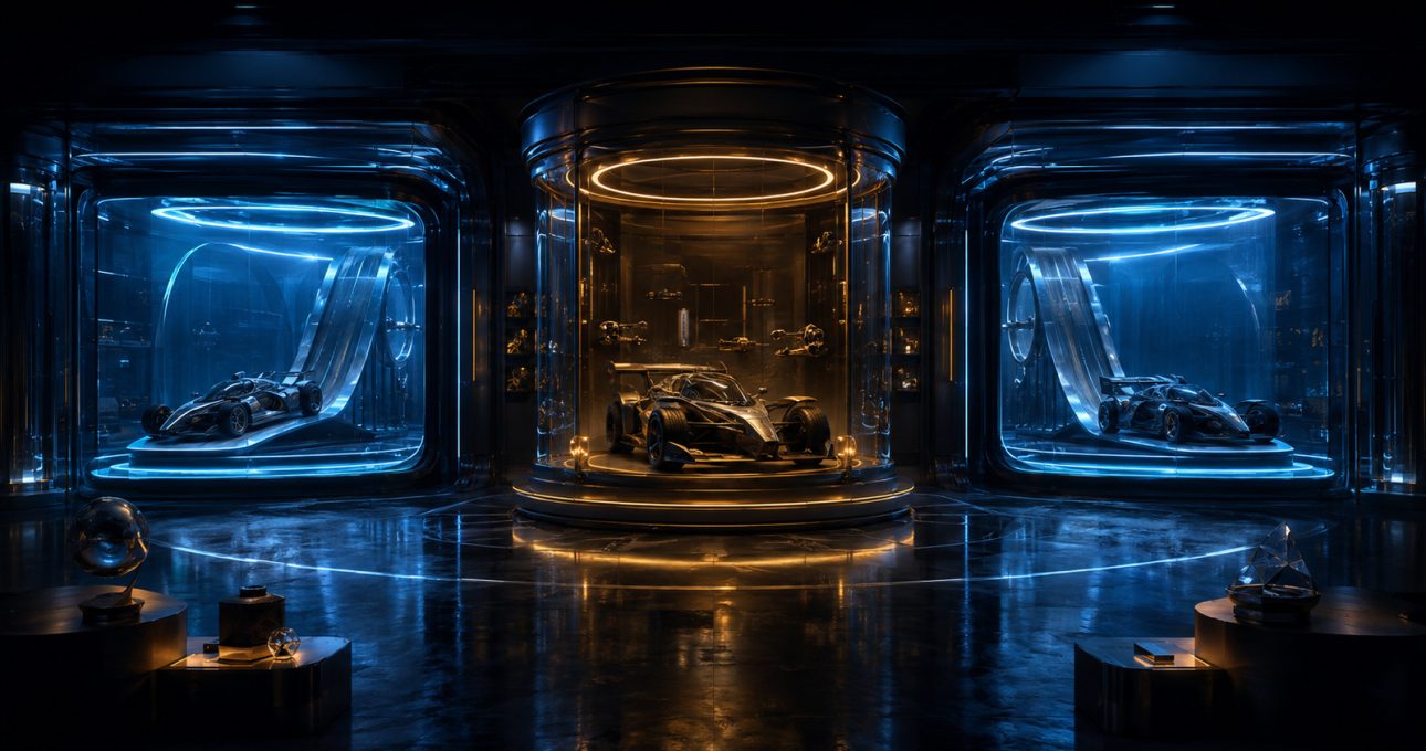 Original editorial illustration: one archived stunt-car identity connects to separate current presentation bays
