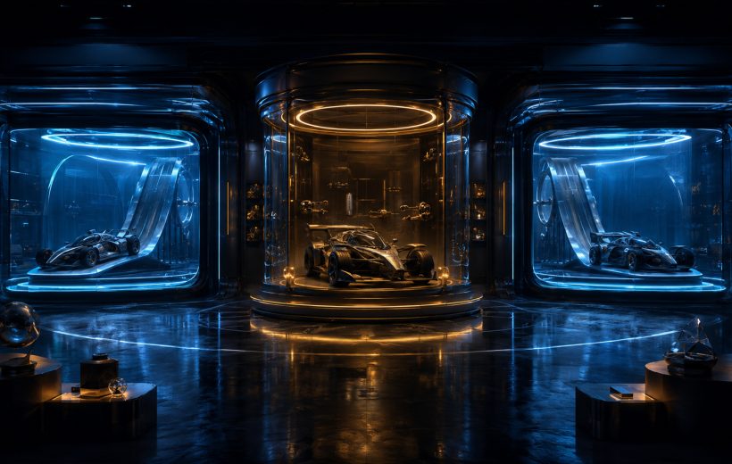 Original editorial illustration: one archived stunt-car identity connects to separate current presentation bays