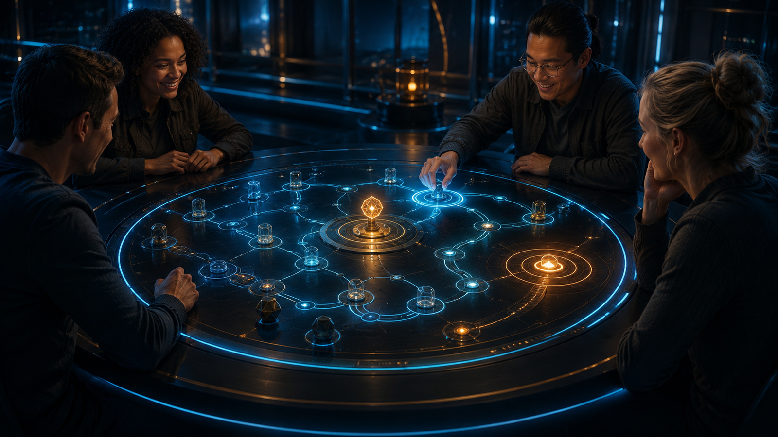 Original editorial illustration: a shared objective and visible active turn create a clearer social board-game session