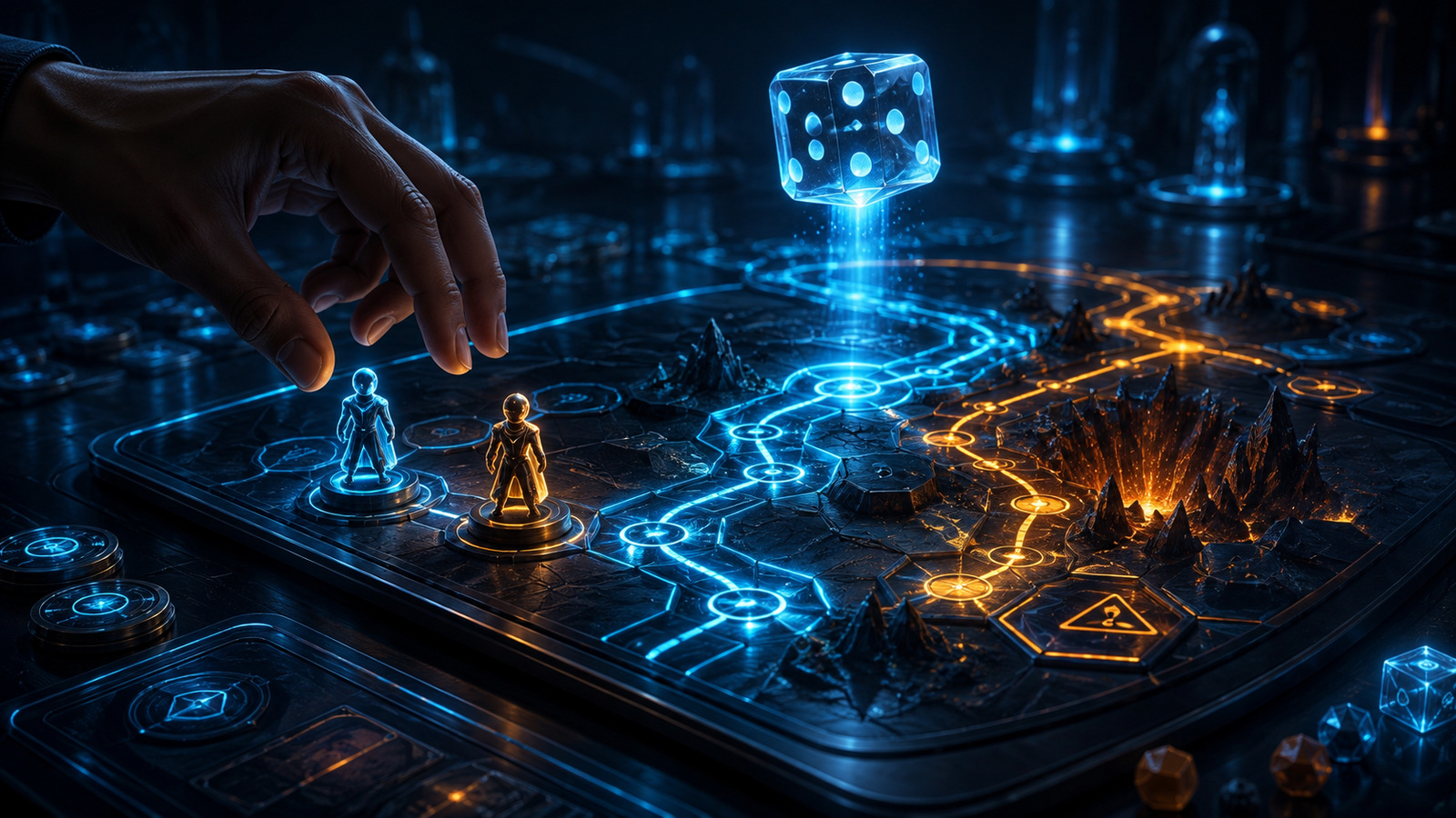 Original editorial illustration: the die result and the player's safer or riskier response remain separate decisions