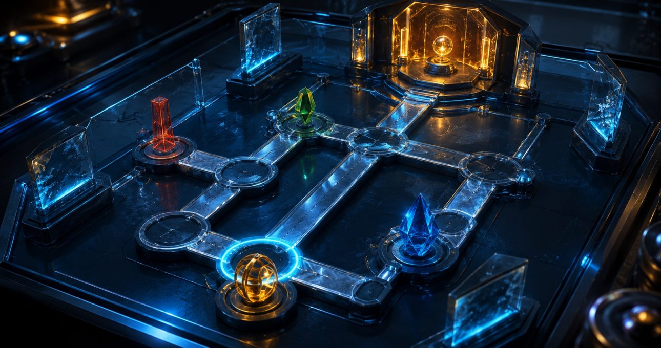 Original editorial illustration: the goal chamber and active-turn halo make destination and sequence visible before play