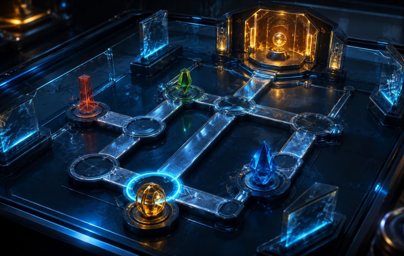 Original editorial illustration: the goal chamber and active-turn halo make destination and sequence visible before play