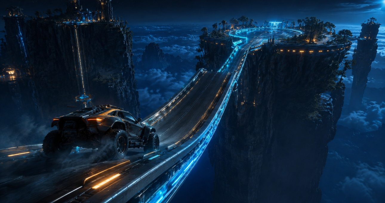 Original editorial illustration: a colossal elevated ramp and visible landing island define the fictional arcade premise