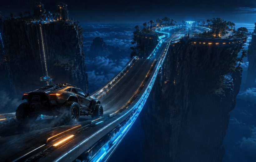 Original editorial illustration: a colossal elevated ramp and visible landing island define the fictional arcade premise