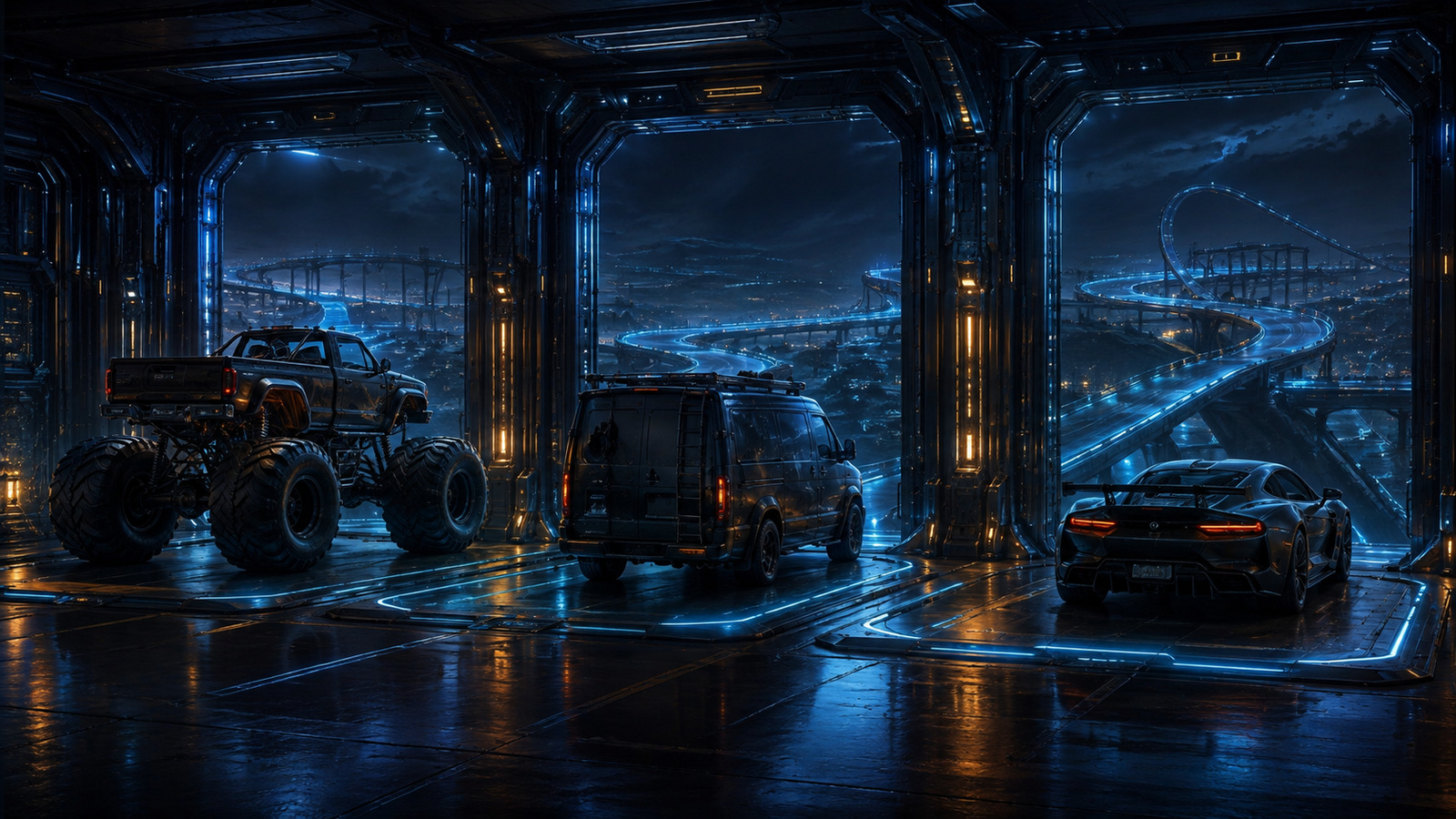 Original editorial illustration: monster truck, stunt van and fast car remain distinct choices without an invented ranking