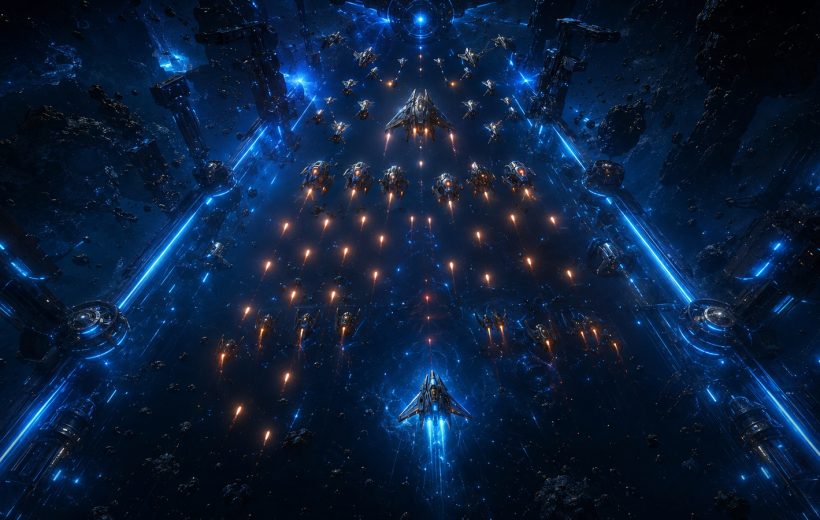 Original editorial illustration: enemy formations, projectile lanes and a visible escape route make the top-down threat field readable