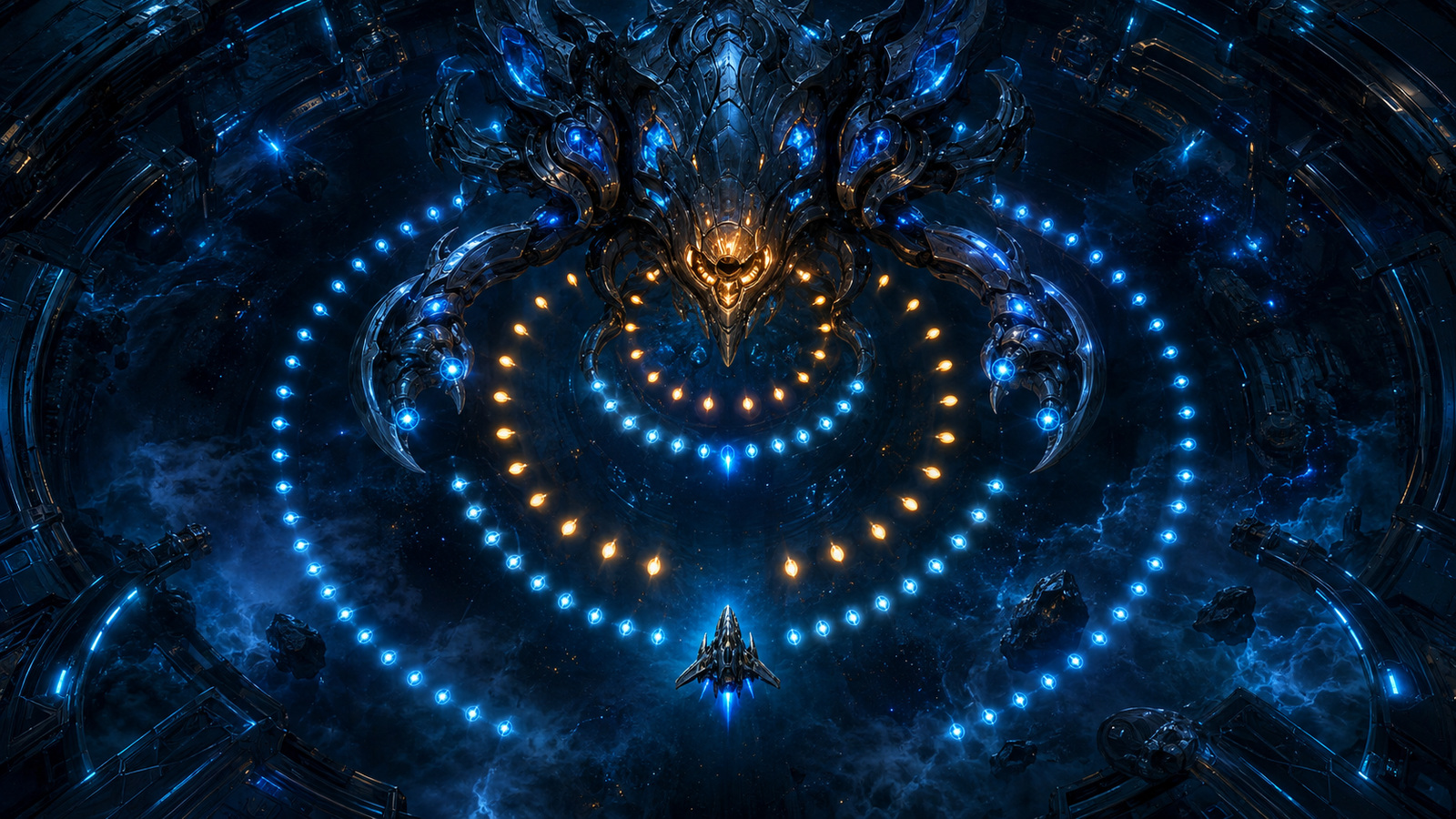 Original editorial illustration: a readable projectile pattern and opening core turn a first boss attempt into reconnaissance