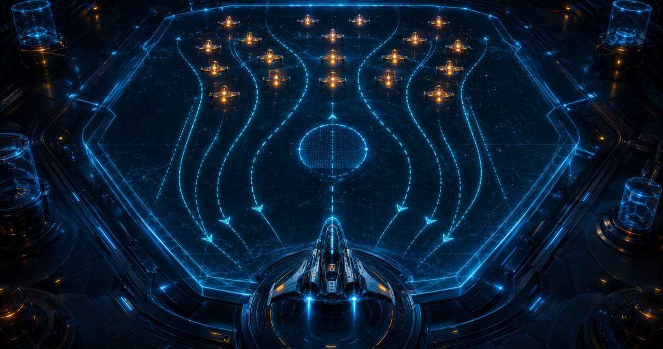 Original editorial illustration: repeated formation traces show where one enemy wave closes lanes and where a safe gap reopens