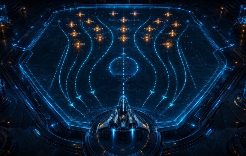 Original editorial illustration: repeated formation traces show where one enemy wave closes lanes and where a safe gap reopens