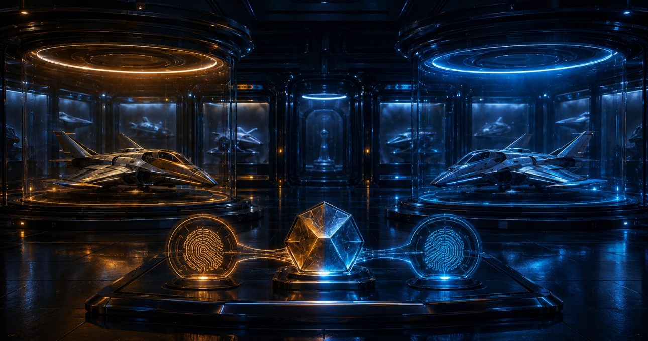 Original editorial illustration: the same spacecraft identity remains recognisable across separate archived and current presentation chambers
