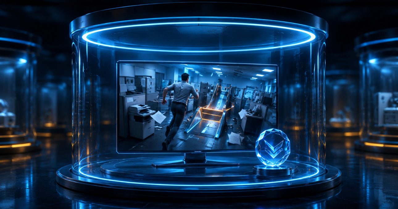 Original editorial illustration: an office-runner scene and a unique package token define one current television-oriented record