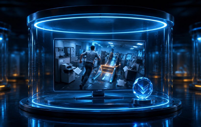 Original editorial illustration: an office-runner scene and a unique package token define one current television-oriented record