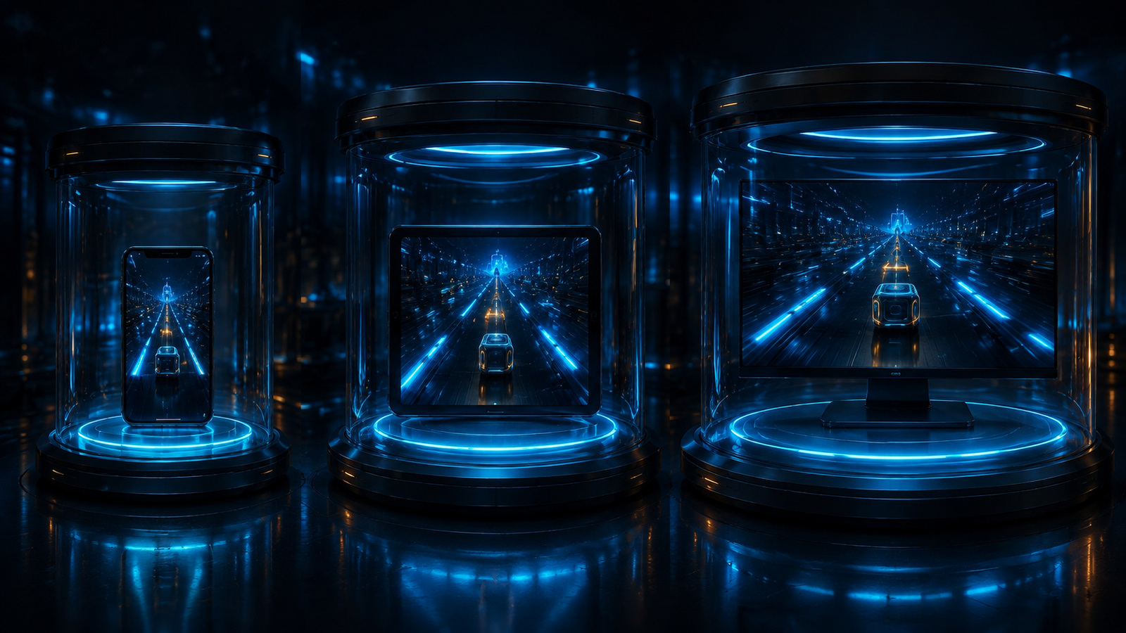 Original editorial illustration: phone, tablet and television remain separate device capsules for one publicly supported edition