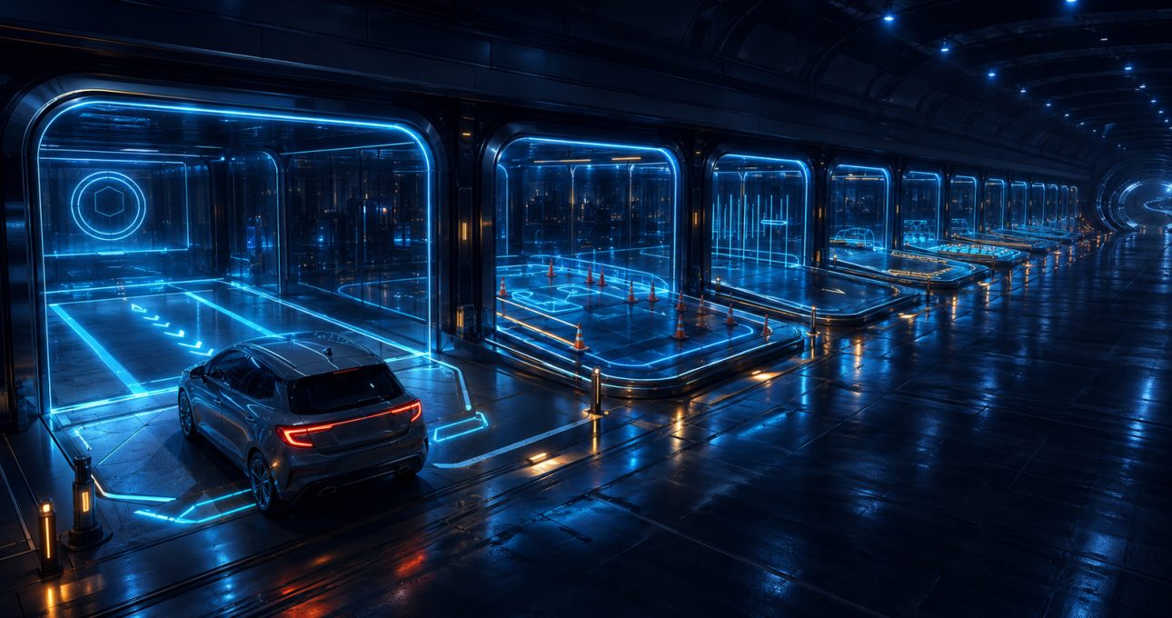 Original editorial illustration: varied virtual parking bays establish a defined progression without inventing the order of challenges