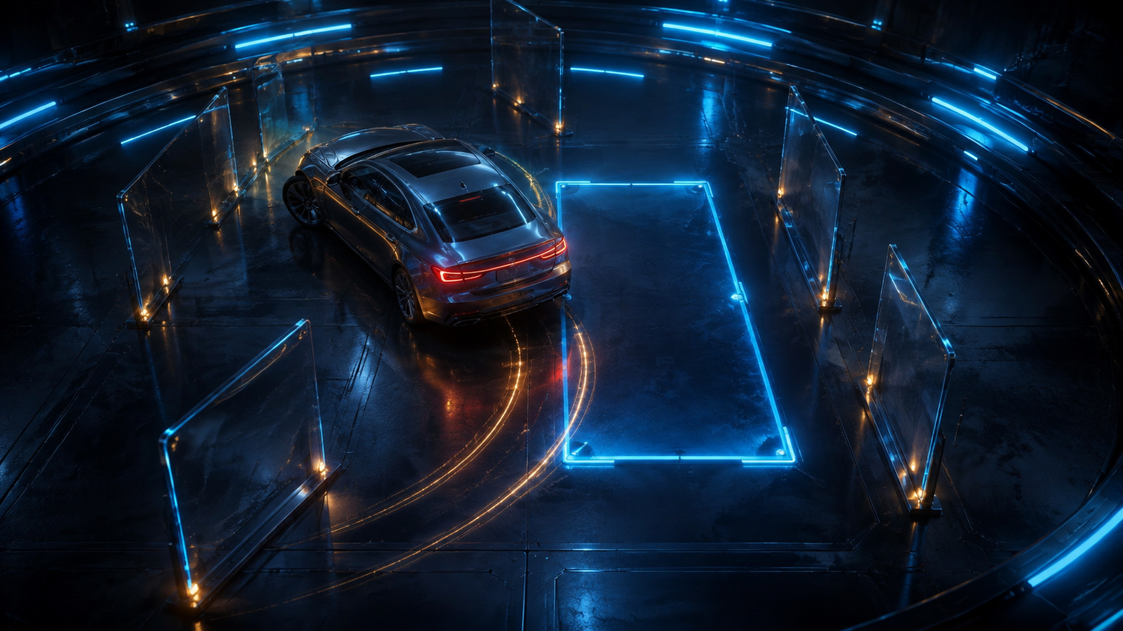 Original editorial illustration: a slow reverse arc preserves front-swing space while the rear approaches the target bay