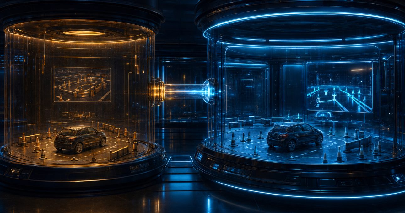 Original editorial illustration: an amber legacy diorama connects to a separate current commercial chamber without merging their labels