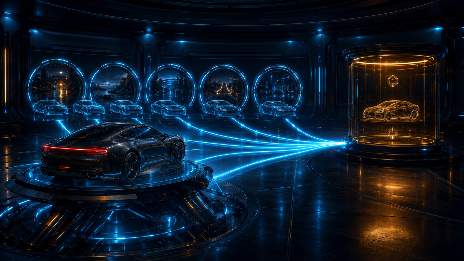 Original editorial illustration: challenge portals, vehicle variety and a motion platform form a bounded matching-feature cluster