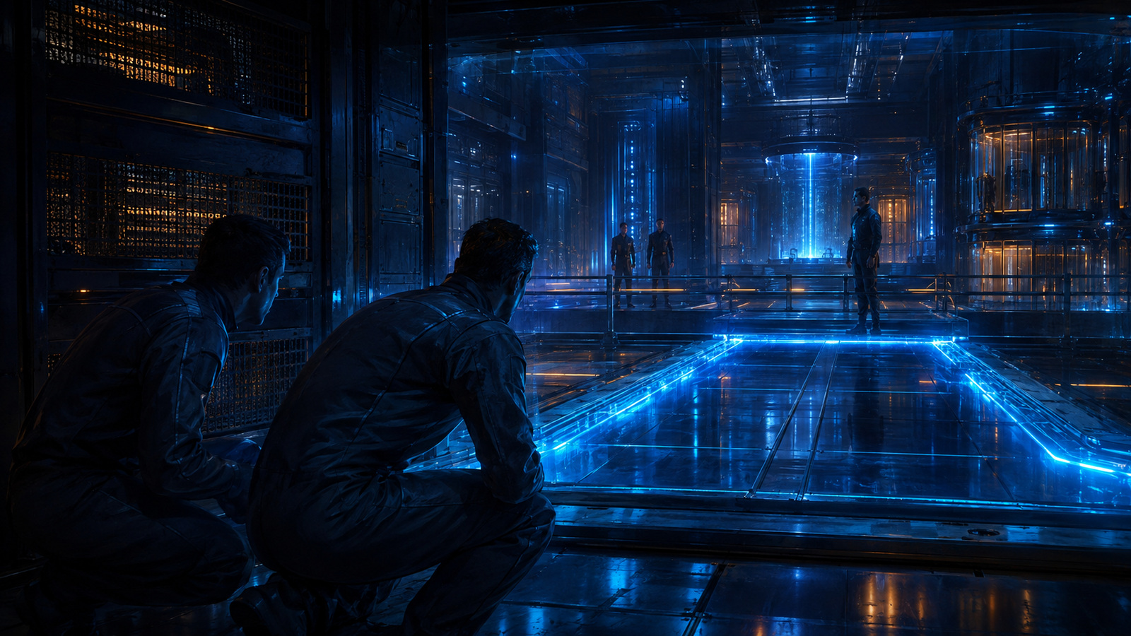 Original editorial illustration: two inmates coordinate around a visible objective while a confrontation remains a separate, measured choice