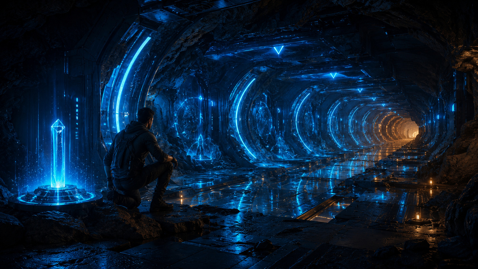 Original editorial illustration: illuminated milestones divide tunnel progress into observable game checkpoints rather than assumed percentages