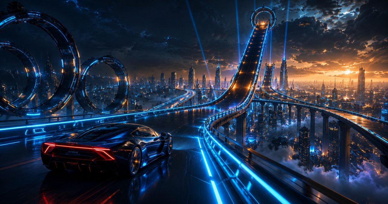 Original editorial illustration: a fictional supercar approaches monumental mega ramps and sky roads above a futuristic city