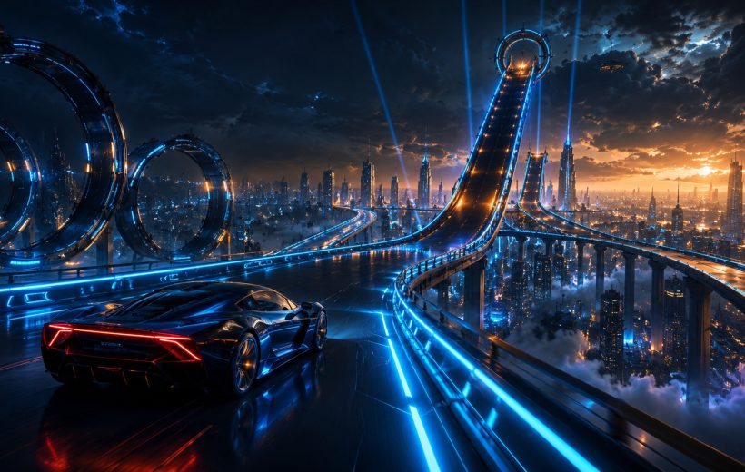 Original editorial illustration: a fictional supercar approaches monumental mega ramps and sky roads above a futuristic city