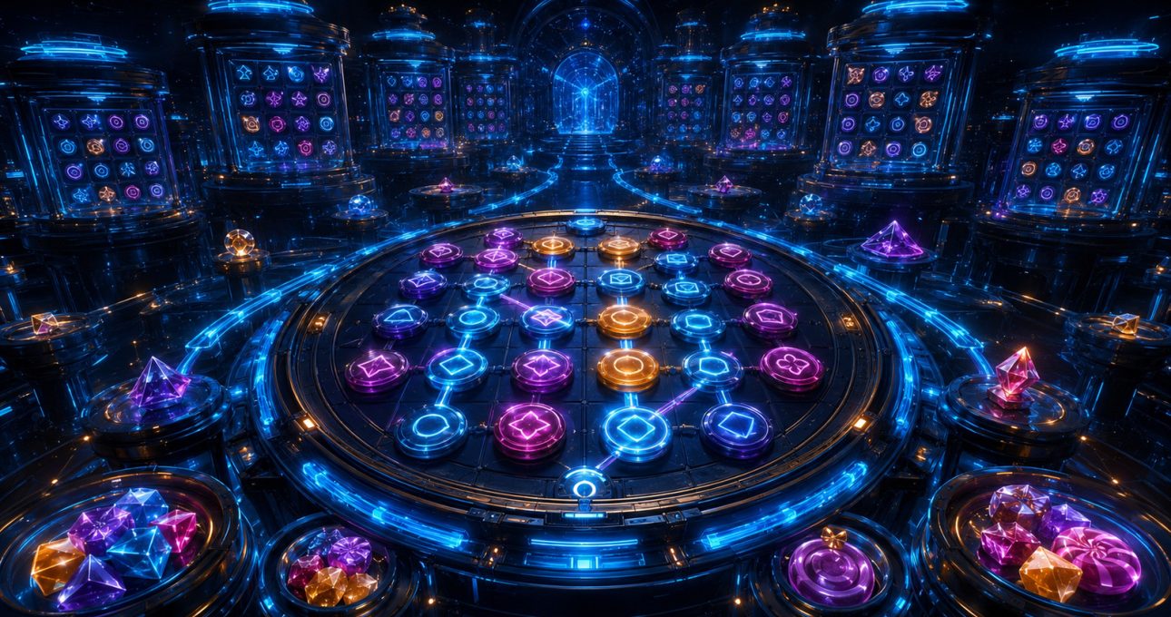 Original editorial illustration: connected symbol tiles and layered puzzle chambers evoke substantial structured progression without literal counts