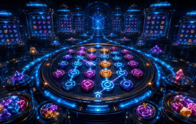 Original editorial illustration: connected symbol tiles and layered puzzle chambers evoke substantial structured progression without literal counts